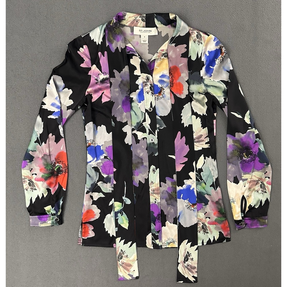 St. John Collection Blouse Silk Long Sleeve Floral Abstract Neck Tie Size 0